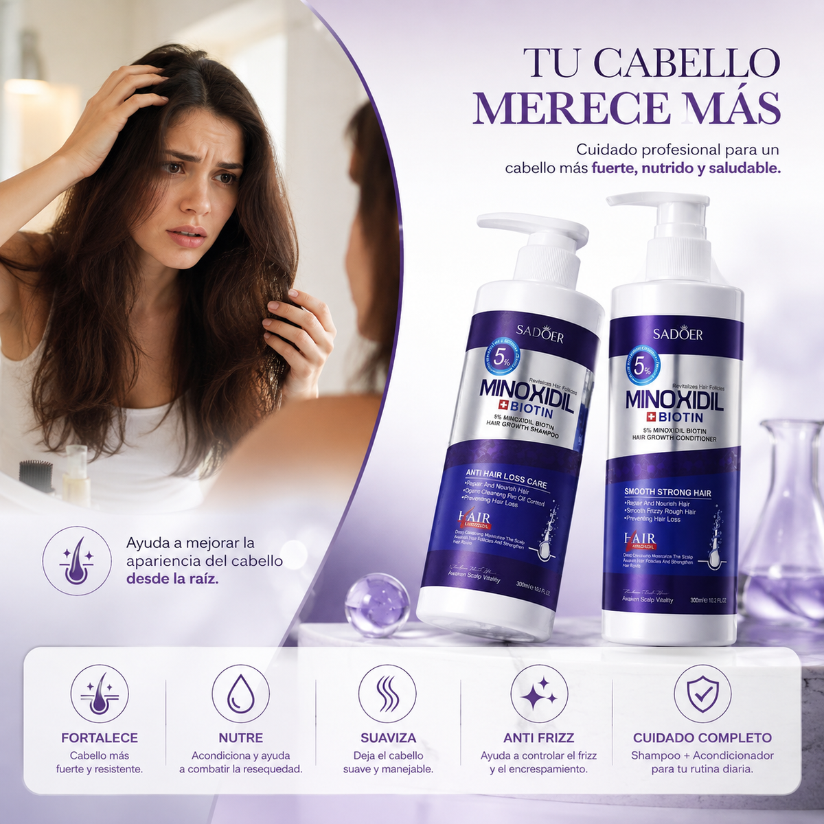 Shampoo+Acondicionador Minoxidil 5% - Fortalece, nutre y revitaliza tu cabello
