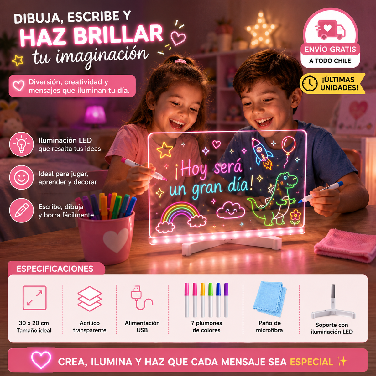 Pizarra Magica Luz Led -  🌈 Escribe. Dibuja. Borra. Repite.