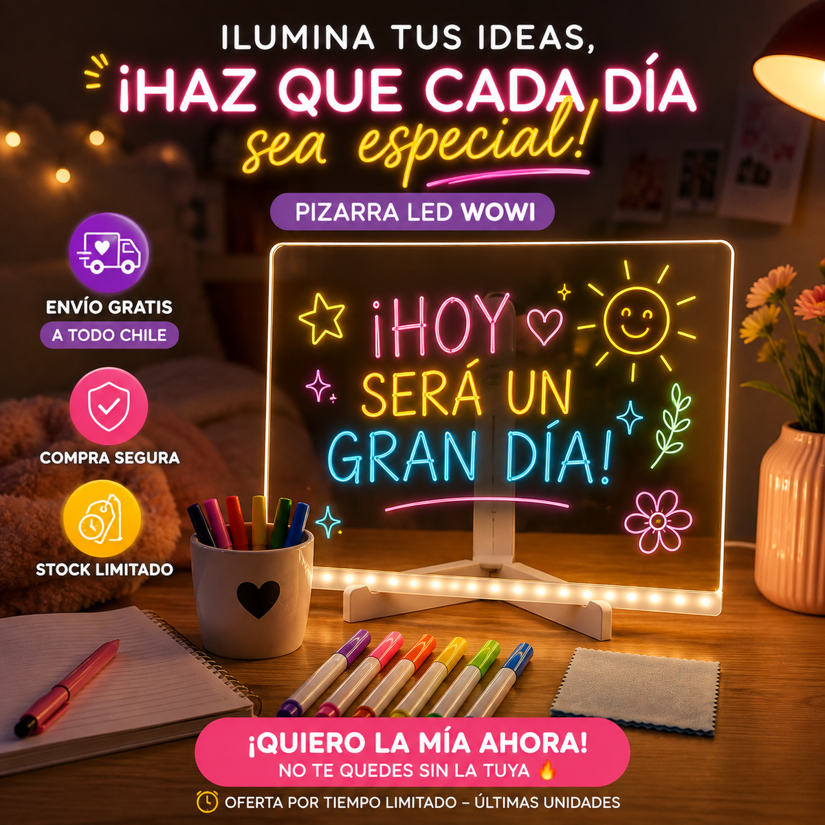 Pizarra Magica Luz Led -  🌈 Escribe. Dibuja. Borra. Repite.